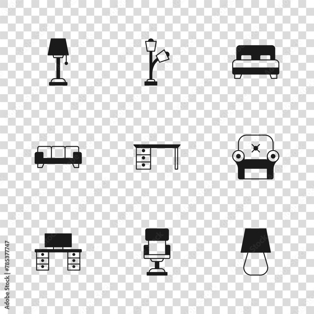 Set Office chair, Armchair, Table lamp, desk, Big bed, Floor, and Sofa icon. Vector
