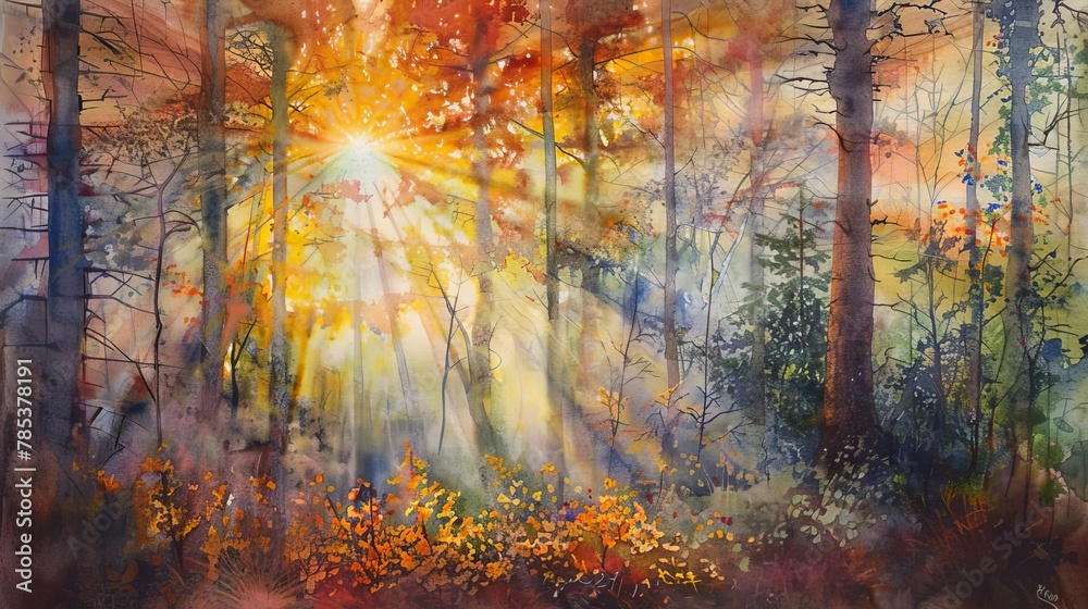 ethereal sun beams filtering through autumn forest canopy watercolor painting