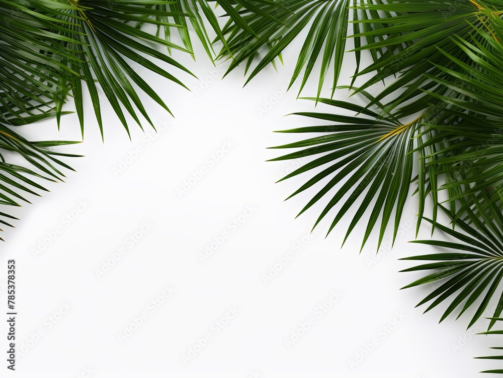 Palm leaf on a white background with copy space for text or design. A flat lay, top view. A summer vacation