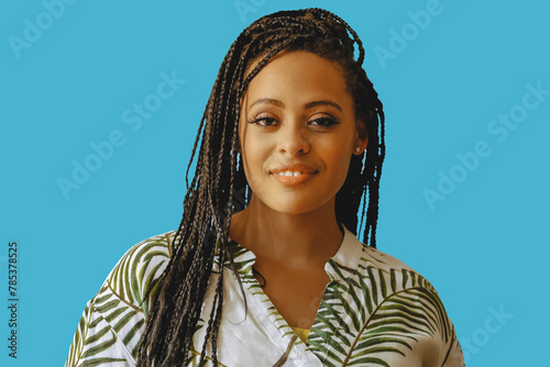 closeup portrait of smiling young beautiful african american woman braid hair posing at studio looking at camera