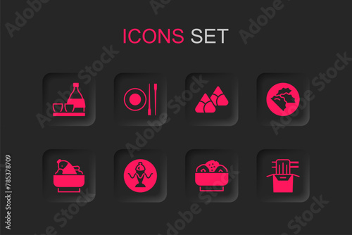 Set Served fish on a plate, Food chopsticks with, Bottle of sake, Chow mein, Dumpling, Asian noodles paper box, Zongzi bamboo steamer and Rice bowl icon. Vector