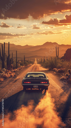 A black car is driving down a dirt road in the desert. The sun is setting in the background, casting a warm glow over the scene. The car is leaving a trail of smoke behind it