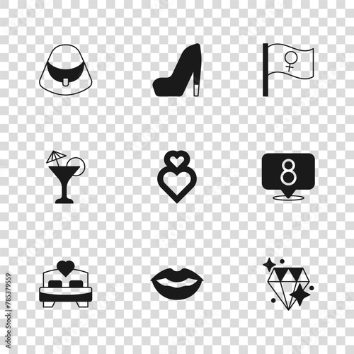 Set Smiling lips, 8 March, Diamond, Heart, Feminist activist, Handbag, Woman shoe and Martini glass icon. Vector