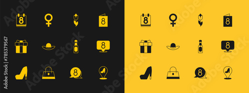 Set Greeting card with 8 March, Handbag, Champagne bottle, speech bubble, Elegant women hat, Flower tulip, Calendar and Female gender symbol icon. Vector