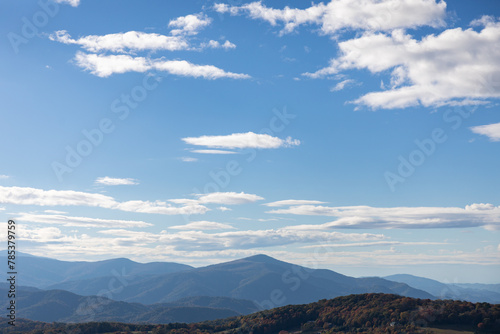 Layers of the Blue Ridge Mountains of North Carolina, blue sky with white clouds above, Appalachian landscape, horizontal aspect