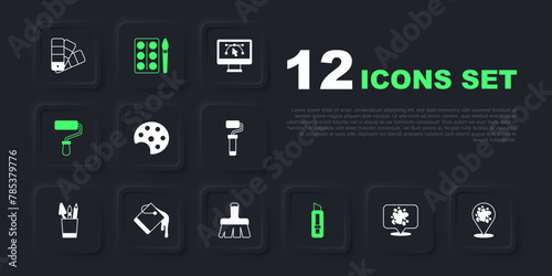 Set Paint spray, Palette, Stationery knife, roller brush, bucket, Watercolor paints box and icon. Vector