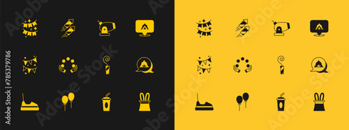 Set Circus tent, Balloons with ribbon, Birthday party horn, Paper glass water, Juggling ball, Cannon, Carnival garland flags and Firework rocket icon. Vector