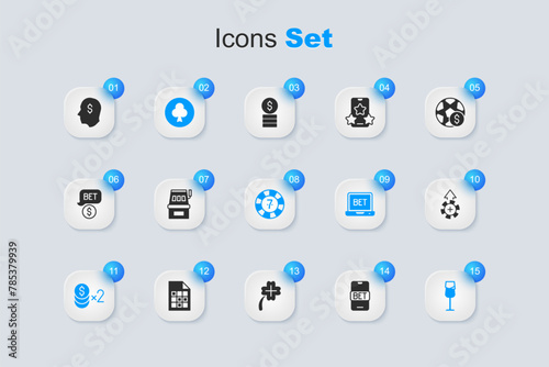 Set Online sports betting, Slot machine, Playing card with clubs symbol, Casino chip dollar, Wine glass, chips, Lucky player and icon. Vector
