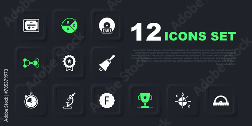 Set Trigonometric circle, Protractor grid, Medal with star, Award cup, Molecule, Microscope, Pie chart infographic and Exam paper incorrect answers icon. Vector