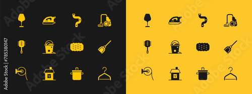 Set Vacuum cleaner, House, Sponge, Cooking pot, Bucket with foam and bubbles, Industry metallic pipe, Wine glass and Electric iron icon. Vector