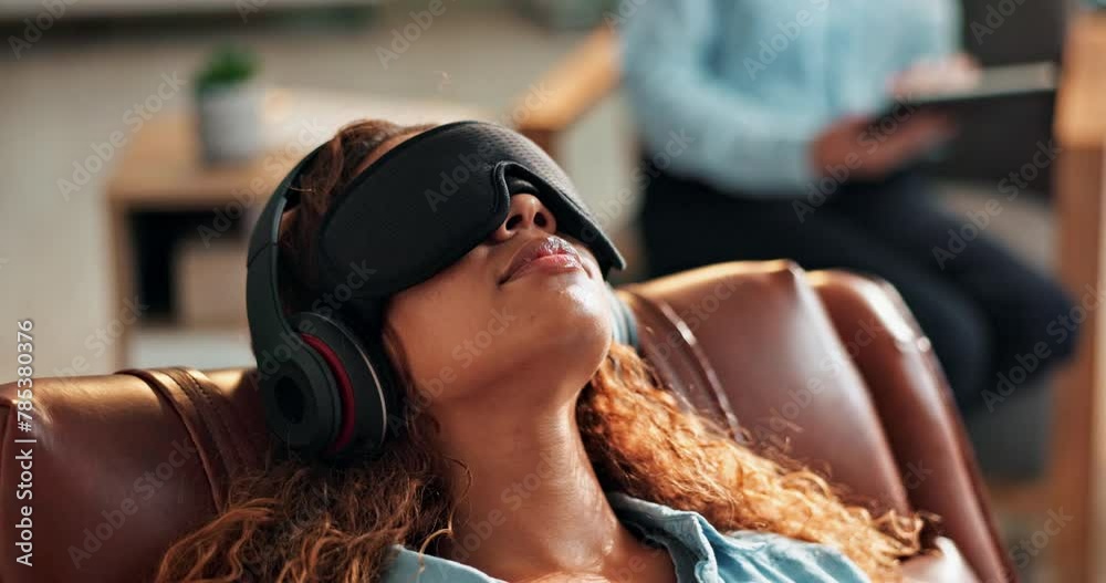 Calm, therapy and woman with sound in headphones at clinic on psychedelic treatment for ptsd or depression. Audio, frequency and patient in psychology study for research on anxiety and mental health