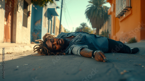 Young drug addicted man with dreadlocks overdosed on the street