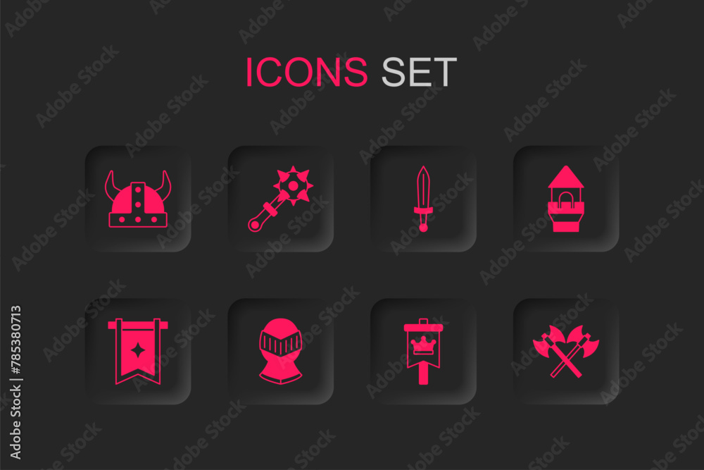 Set Medieval helmet, Mace with spikes, Viking in horned, flag, Castle tower, Crossed medieval axes, sword and icon. Vector - obrazy, fototapety, plakaty 