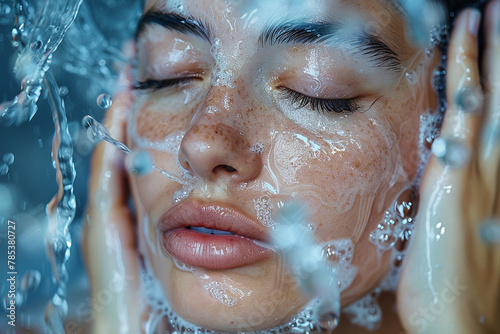 A person using a facial cleanser to wash their face  with water splashing gently  promoting daily skincare