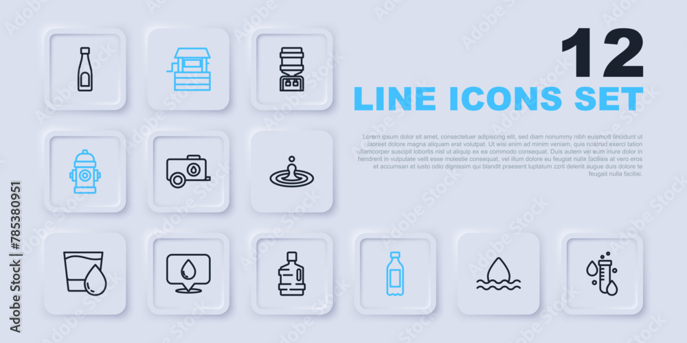 Set line Water drop, Test tube with water, Mobile tank, Bottle of, Fire hydrant, location, Well and Big bottle clean icon. Vector Set line Water drop, Test tube with water, Mobile tank, Bottle of, Fire hydrant, location, Well and Big bottle clean icon. Vector