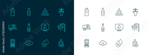 Set line Fountain, Cloud with rain, Water drop location, percentage, Bottle of water, and icon. Vector