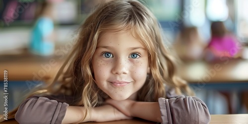 A young girl is sitting at a desk with a pencil and a book