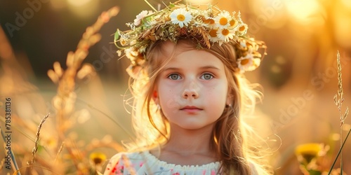 A young girl wearing a flower crown is standing in a field of yellow flowers