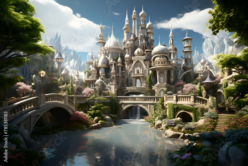 Fantasy landscape with fantasy castle and pond. 3D illustration.
