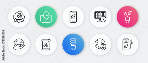 Set line LED light bulb, Electric saving plug in leaf, Hand holding Earth globe, with shield, Solar energy panel, Mobile phone, Petrol or gas station and Radioactive waste barrel icon. Vector