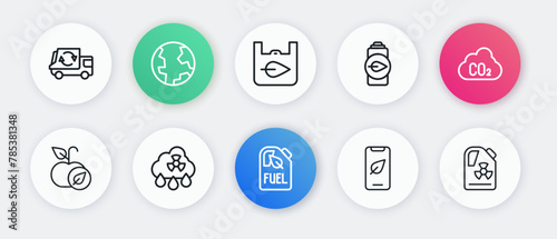Set line Bio fuel canister, CO2 emissions in cloud, Apple, Mobile phone with leaf, Eco nature battery, Shopping bag recycle, Radioactive waste barrel and Acid rain radioactive icon. Vector