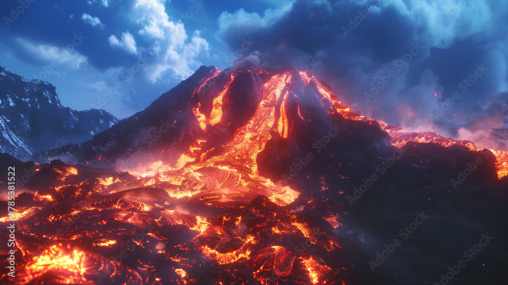 view of the eruption of the volcano of fire neon rainbow light