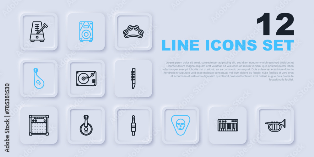 Set line Music synthesizer, Trumpet, Vinyl player with vinyl disk, Guitar pick, Bandura, Banjo, Stereo speaker and Audio jack icon. Vector Set line Music synthesizer, Trumpet, Vinyl player with vinyl disk, Guitar pick, Bandura, Banjo, Stereo speaker and Audio jack icon. Vector