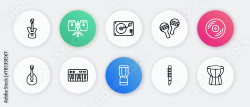 Set line African djembe drum, Vinyl disk, Mandolin, Flute, Maracas, player with vinyl, darbuka and Music synthesizer icon. Vector