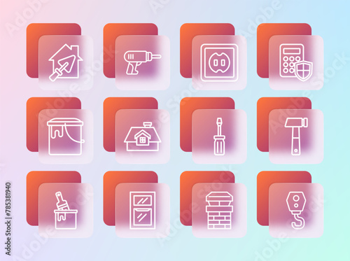 Set line Security keypad access panel, Window in room, Screwdriver, Chimney, House, Electrical outlet, with trowel and drill machine icon. Vector