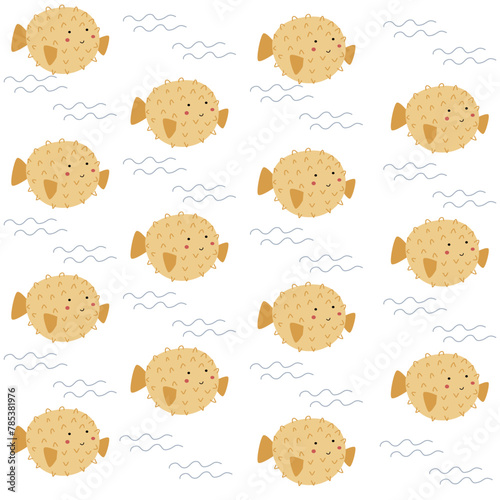 Cute underwater animal baby pattern. Cute puffer fish pattern for kids. Cute characters. Underwater background