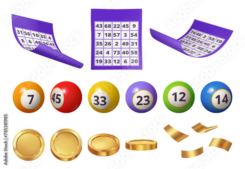 Gambling games playing and taking risk. Vector isolated realistic icons of balls with numbers, ticket and money prize. Confetti golden foil for celebration or jackpot and success victory