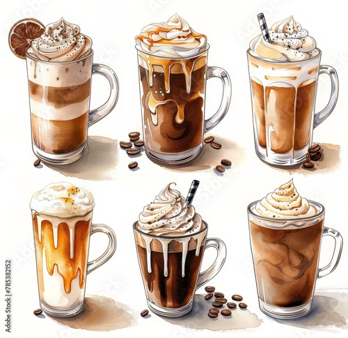 Collection of Artistic Coffee Drink Drawings in Various Styles Inspired by Petcore Aesthetics, Aurorapunk, and Imitated Materials, Against a Neutral Background. photo