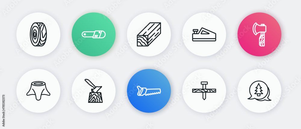 Set line Hand saw, Wooden axe, Tree stump, Metallic nail, plane tool, beam, and in icon. Vector Set line Hand saw, Wooden axe, Tree stump, Metallic nail, plane tool, beam, and in icon. Vector
