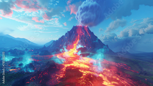 view of a volcanic eruption. Smoking lava. neon rainbow light natural view of the mountain