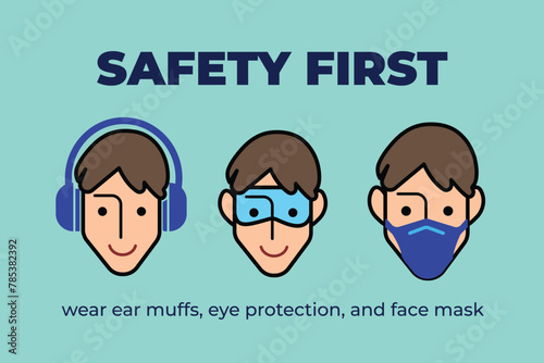 Colored ear muffs, eye protection glasses, and face mask safety required signage icon vector illustration isolated on horizontal background. Simple flat cartoon drawing.