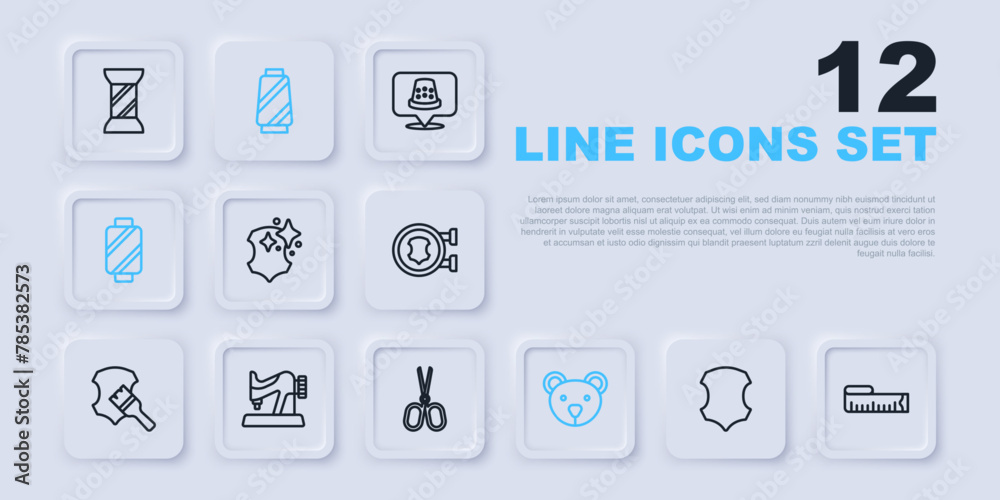Set line Leather, Tape measure, Teddy bear plush toy, Sewing thread on spool, machine, and Scissors icon. Vector Set line Leather, Tape measure, Teddy bear plush toy, Sewing thread on spool, machine, and Scissors icon. Vector