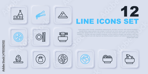 Set line Asian noodles in bowl, Rice with fish, Food chopsticks plate, Dumpling, Homemade pie, Wonton, and Served cucumber icon. Vector