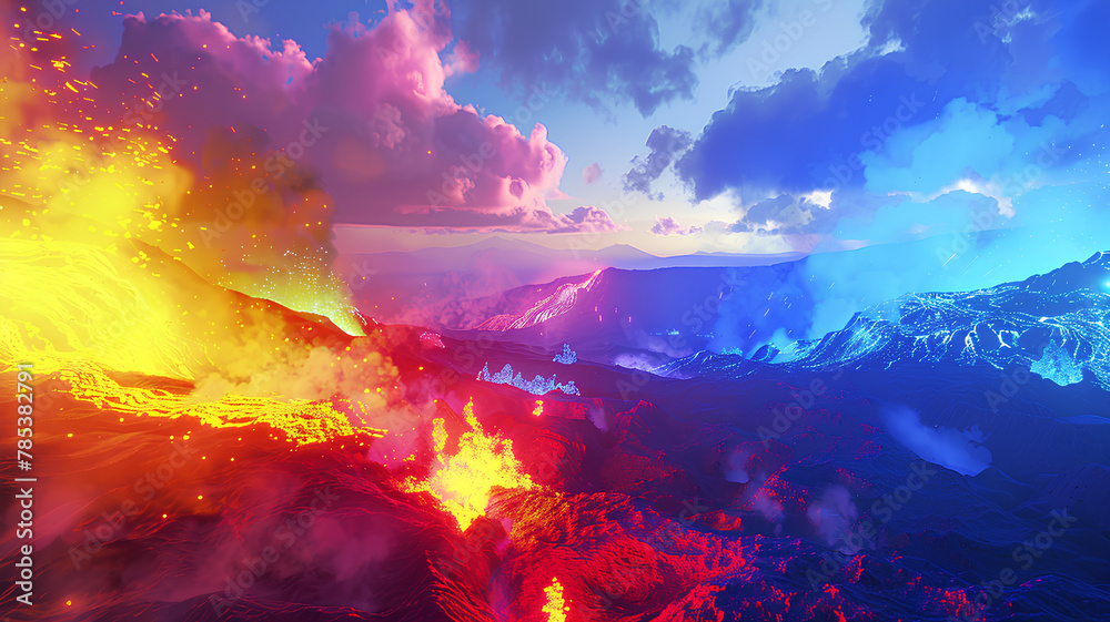 view of a volcanic eruption. Smoking lava. neon rainbow light natural view of the mountain