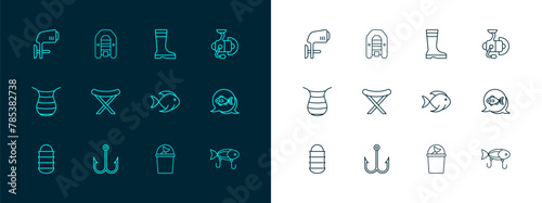 Set line Spinning reel for fishing, Fishing hook, bucket with, Camping folding chair, boots, Outboard boat motor and Inflatable icon. Vector