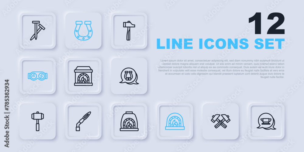 Set line Crossed hammer, Blacksmith anvil tool, oven, Welding glasses, torch, Horseshoe and icon. Vector Set line Crossed hammer, Blacksmith anvil tool, oven, Welding glasses, torch, Horseshoe and icon. Vector