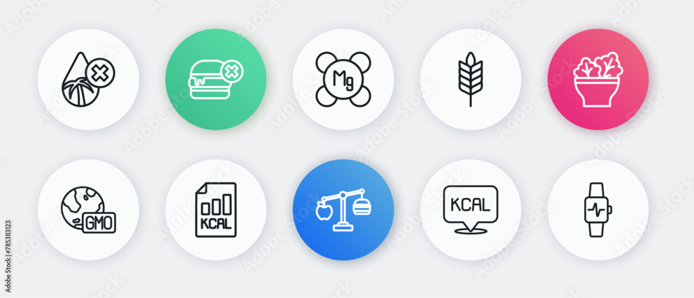 Set line Calorie calculator, Salad in bowl, GMO, Kcal, Wheat, Magnesium, Smart watch with heart and Diet plan icon. Vector Set line Calorie calculator, Salad in bowl, GMO, Kcal, Wheat, Magnesium, Smart watch with heart and Diet plan icon. Vector
