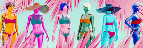 Female mannequin posing in variety of colorful swimwear on green background. Swimwear fashion trends presentation. 3D Rendering, 3D Illustration
