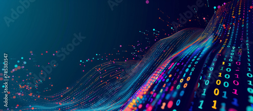 digital illustration of data flowing from one side to the other, with colorful binary code on dark blue background