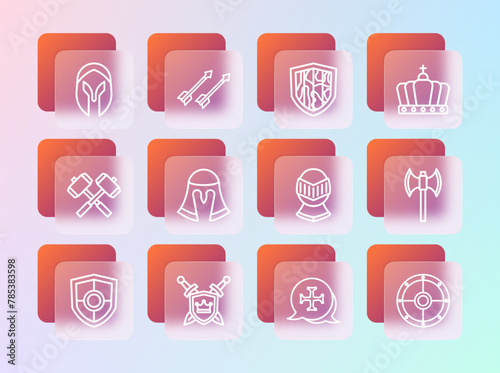 Set line King crown, Shield with swords, Medieval helmet, Crusade, and arrows icon. Vector