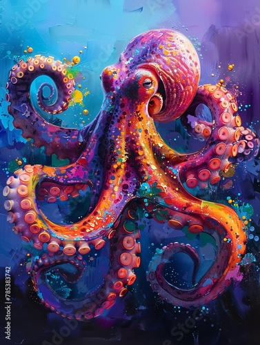 Mystical neon octopus, phantasmal and iridescent, blending into an otherworldly seascape