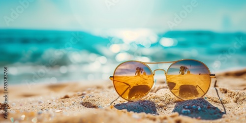 A pair of sunglasses is sitting on the sand at the beach