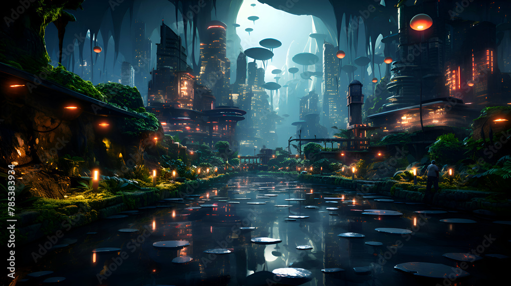 Fantasy landscape with ancient temple and water lilies. 3d rendering
