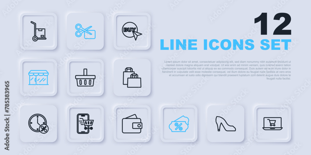 Set line Woman shoe, Shopping cart on screen laptop, basket, Discount percent tag, Market store, Mobile with shopping, Scissors cuts discount coupon and Wallet icon. Vector Set line Woman shoe, Shopping cart on screen laptop, basket, Discount percent tag, Market store, Mobile with shopping, Scissors cuts discount coupon and Wallet icon. Vector