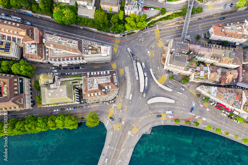 Zurich, Switzerland: Overhead view of tramways at the Central tram stop by the Limmat river in Zurich city center in summer.