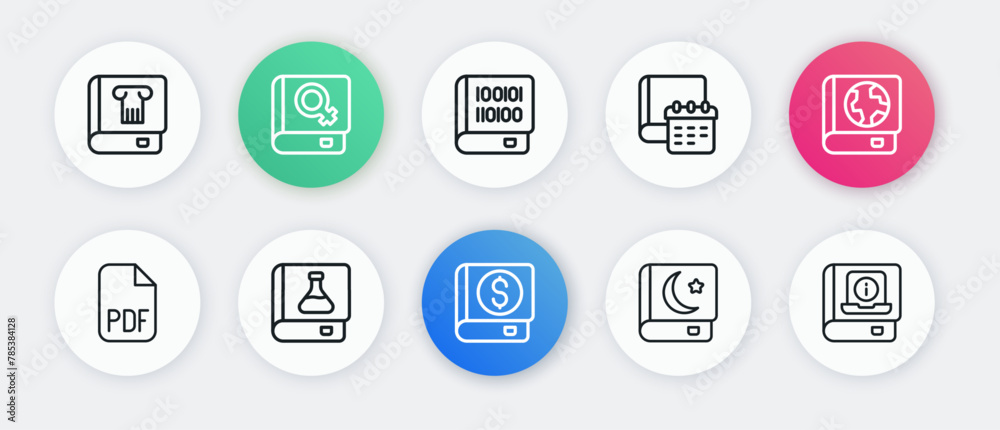 Set line Financial book, Earth globe and, PDF file document, Holy of Koran, Daily paper notepad, Books about programming, User manual and Chemistry icon. Vector Set line Financial book, Earth globe and, PDF file document, Holy of Koran, Daily paper notepad, Books about programming, User manual and Chemistry icon. Vector